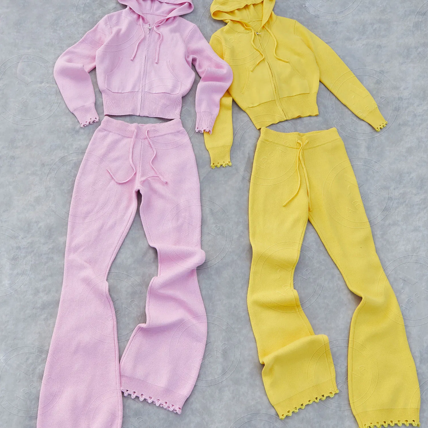 冬季服装针织品套装女性仿旧针织拉链帽衫长针织品裤子2件运动服套装