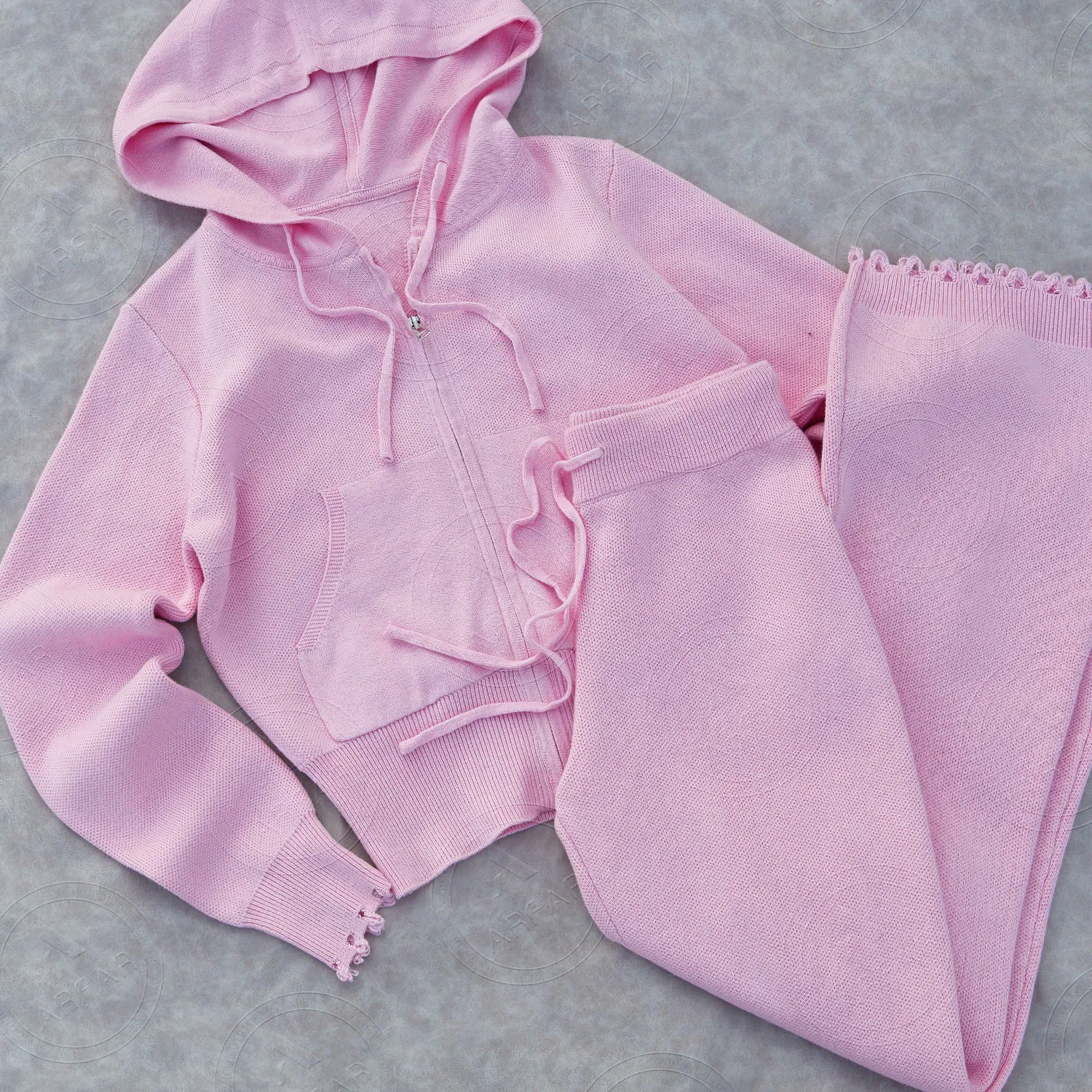 冬季服装针织品套装女性仿旧针织拉链帽衫长针织品裤子2件运动服套装