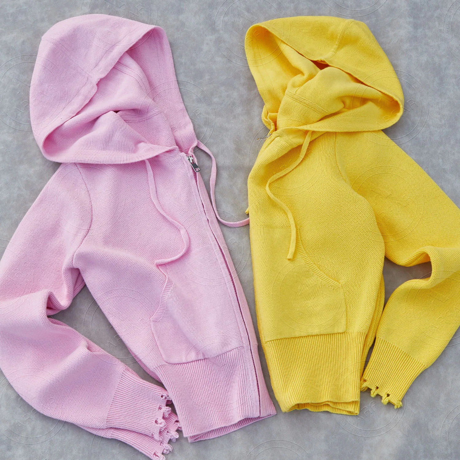 冬季服装针织品套装女性仿旧针织拉链帽衫长针织品裤子2件运动服套装
