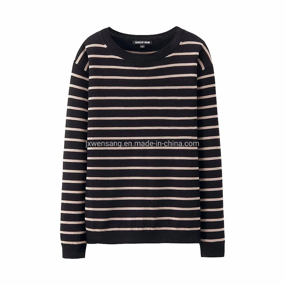Merino Men&prime;s套头衫100%澳大利亚天然面料针织深蓝色圆领美利奴羊毛条纹毛衣