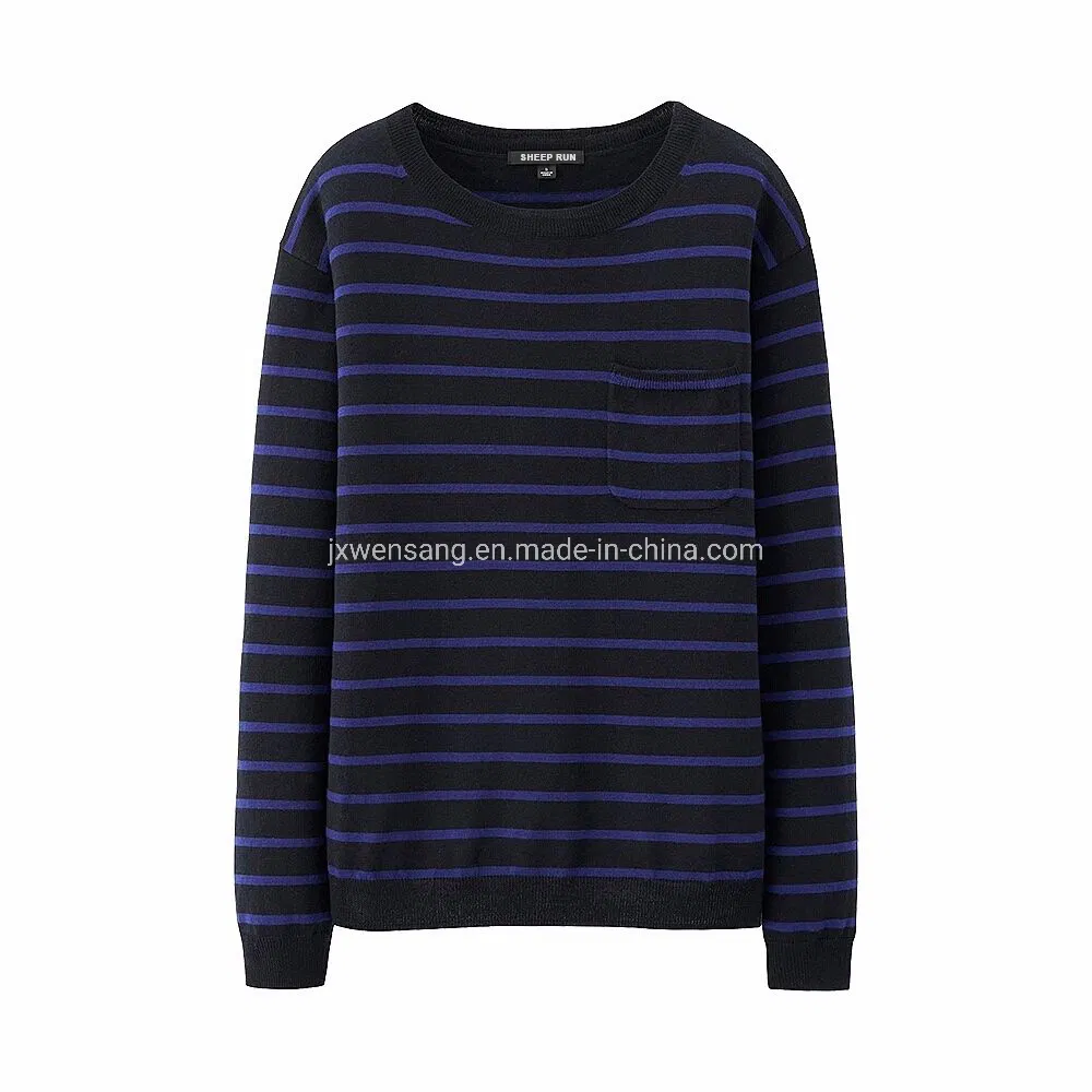 Merino Men&amp;prime;s套头衫100%澳大利亚天然面料针织深蓝色圆领美利奴羊毛条纹毛衣