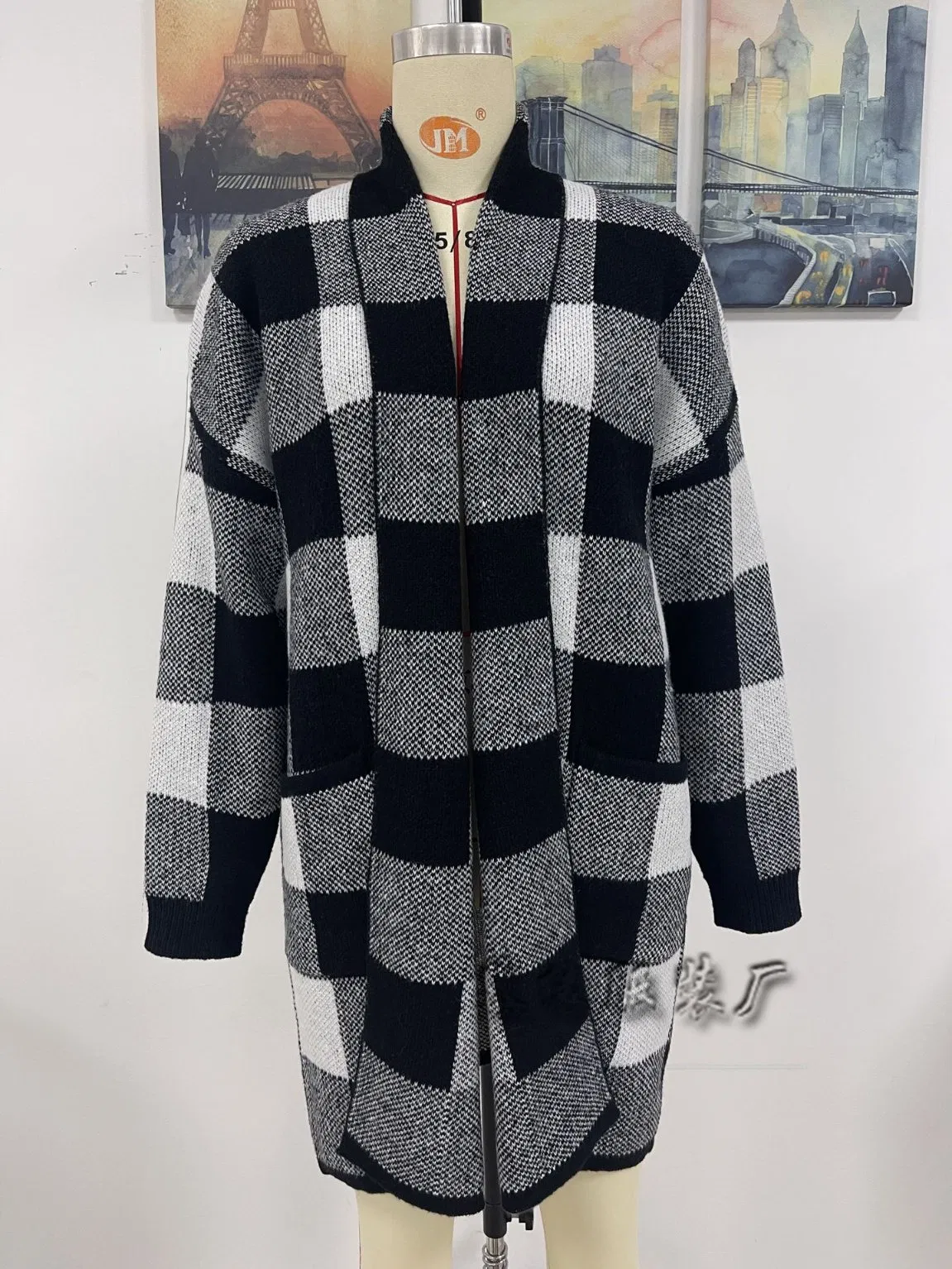 New Woman Coat宽松格子色针织开衫毛衣