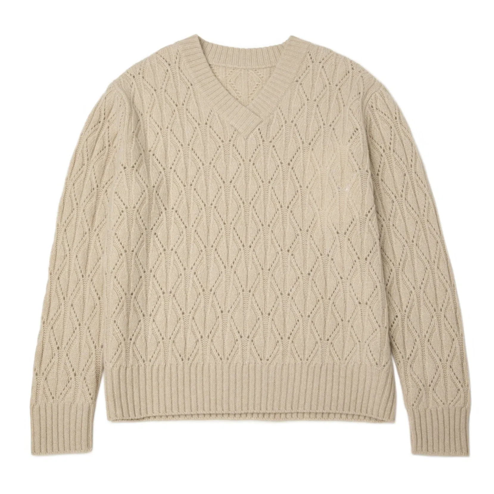 经典针织Pointelle Stitch套头衫Soft Overlap V领针织衫Pure100%Cashmere Women毛衣