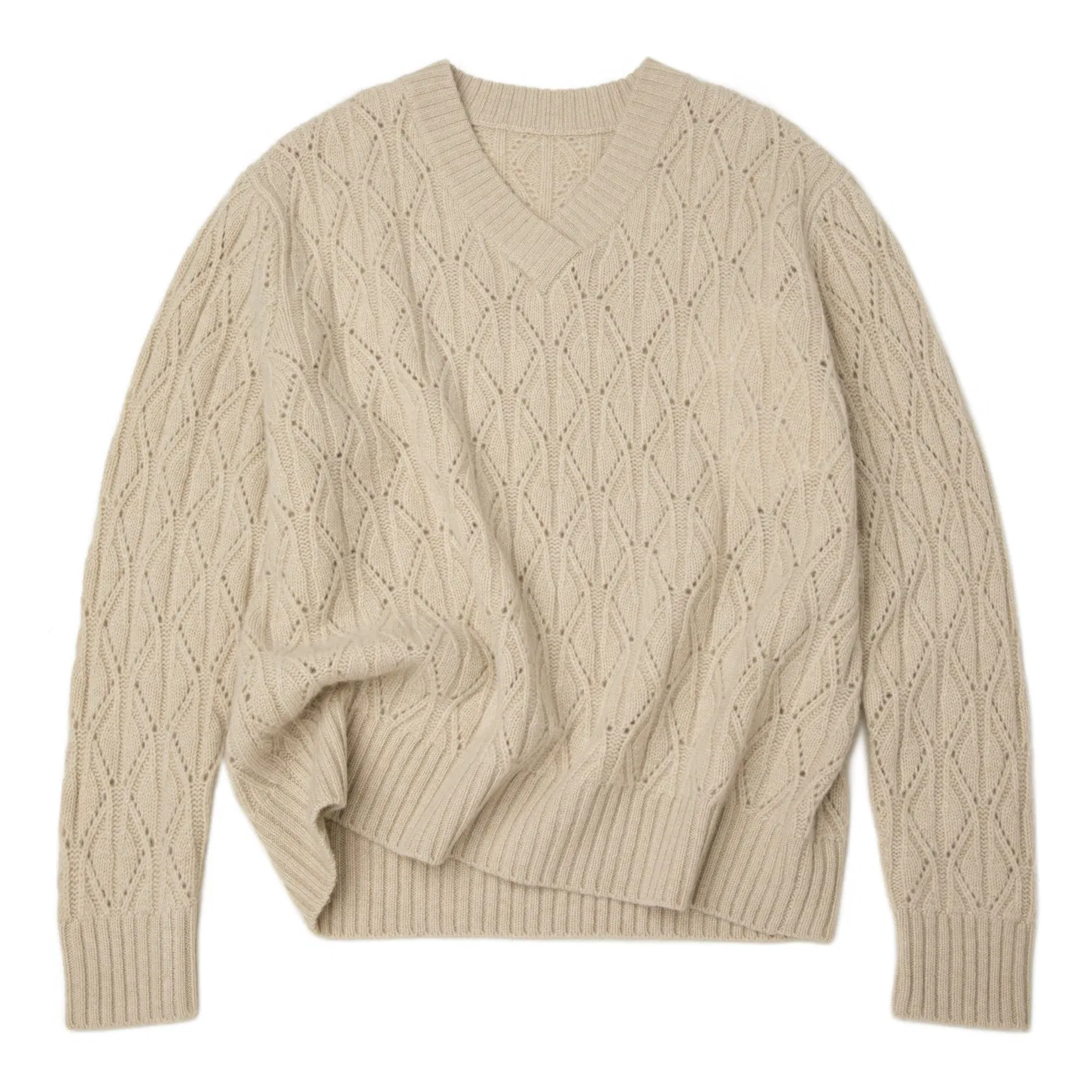 经典针织Pointelle Stitch套头衫Soft Overlap V领针织衫Pure100%Cashmere Women毛衣