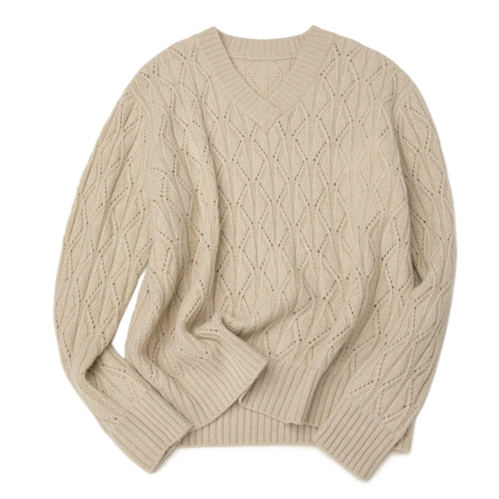 经典针织Pointelle Stitch套头衫Soft Overlap V领针织衫Pure100%Cashmere Women毛衣