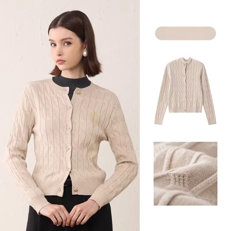 妇女层时尚开衫电缆针织新款圆领开衫冬季