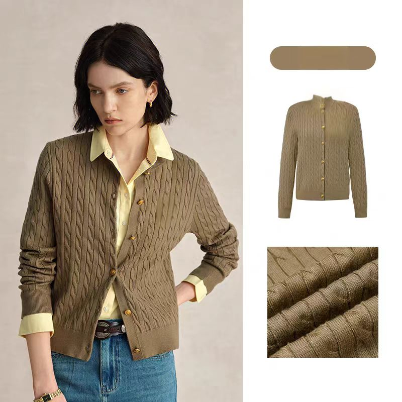 妇女层时尚开衫电缆针织新款圆领开衫冬季