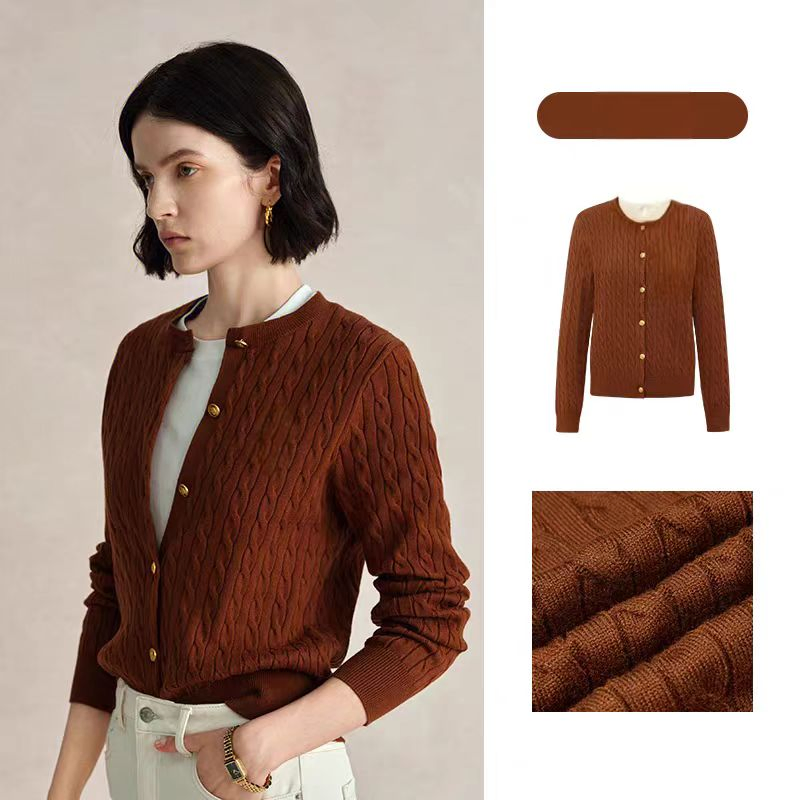 妇女层时尚开衫电缆针织新款圆领开衫冬季