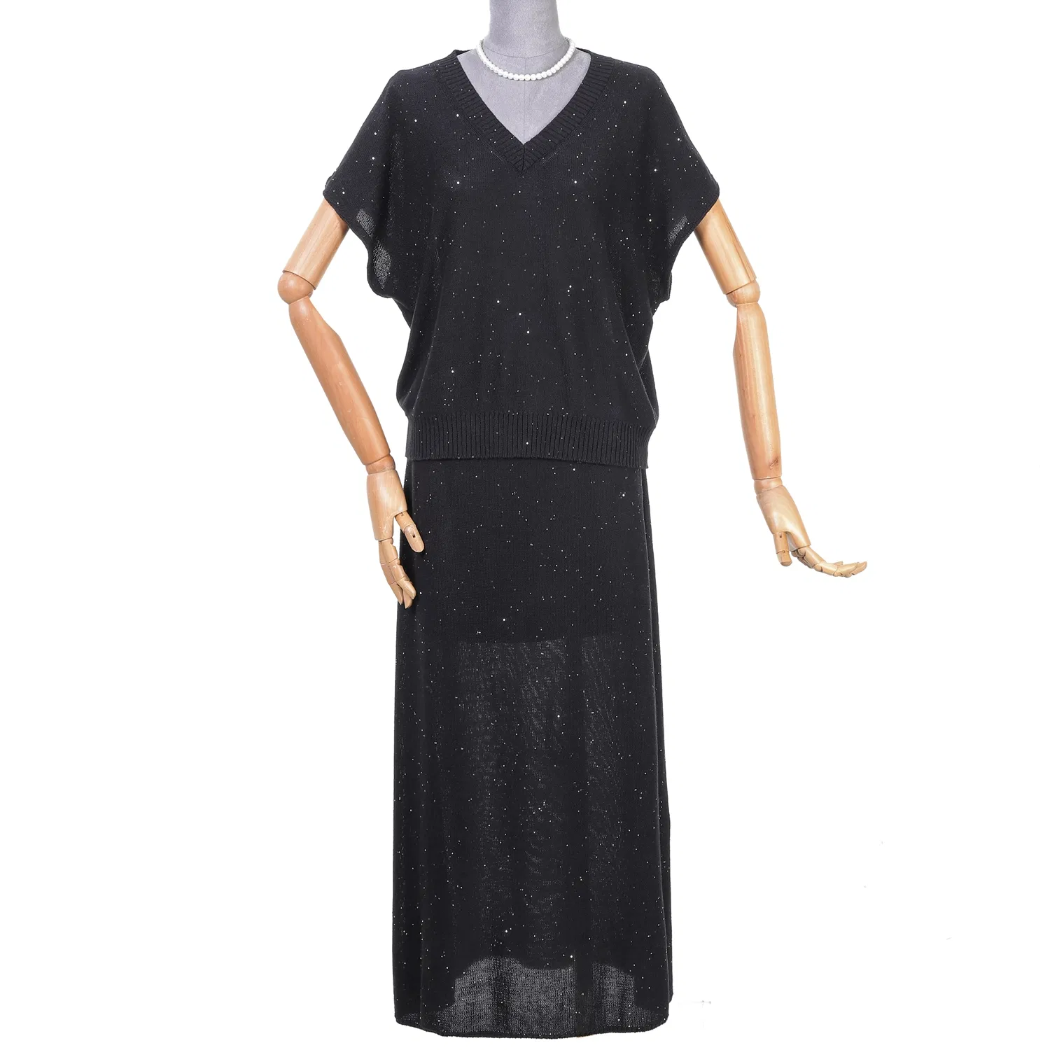 时尚针织黑色短袖和裙子亮片套装女毛衣