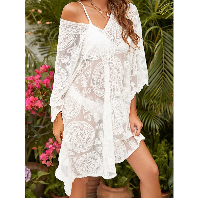 批发看穿聚酯防晒罩衫性感蕾丝套衫沙滩装