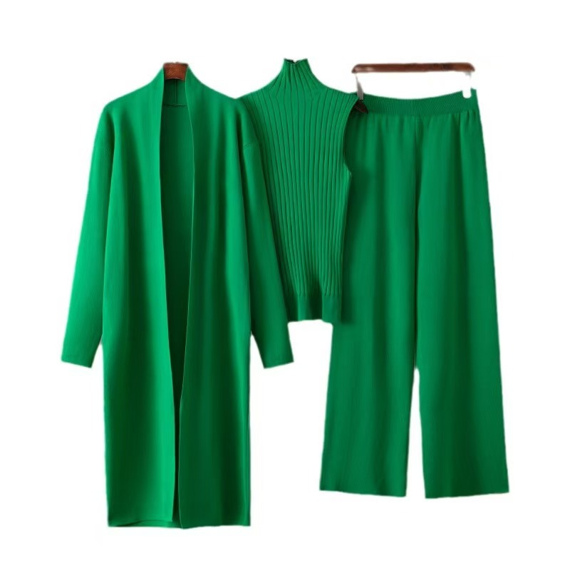 女式定制服装女式三件裤开衫套装女式时尚针织背心裤套装女式毛衣开衫