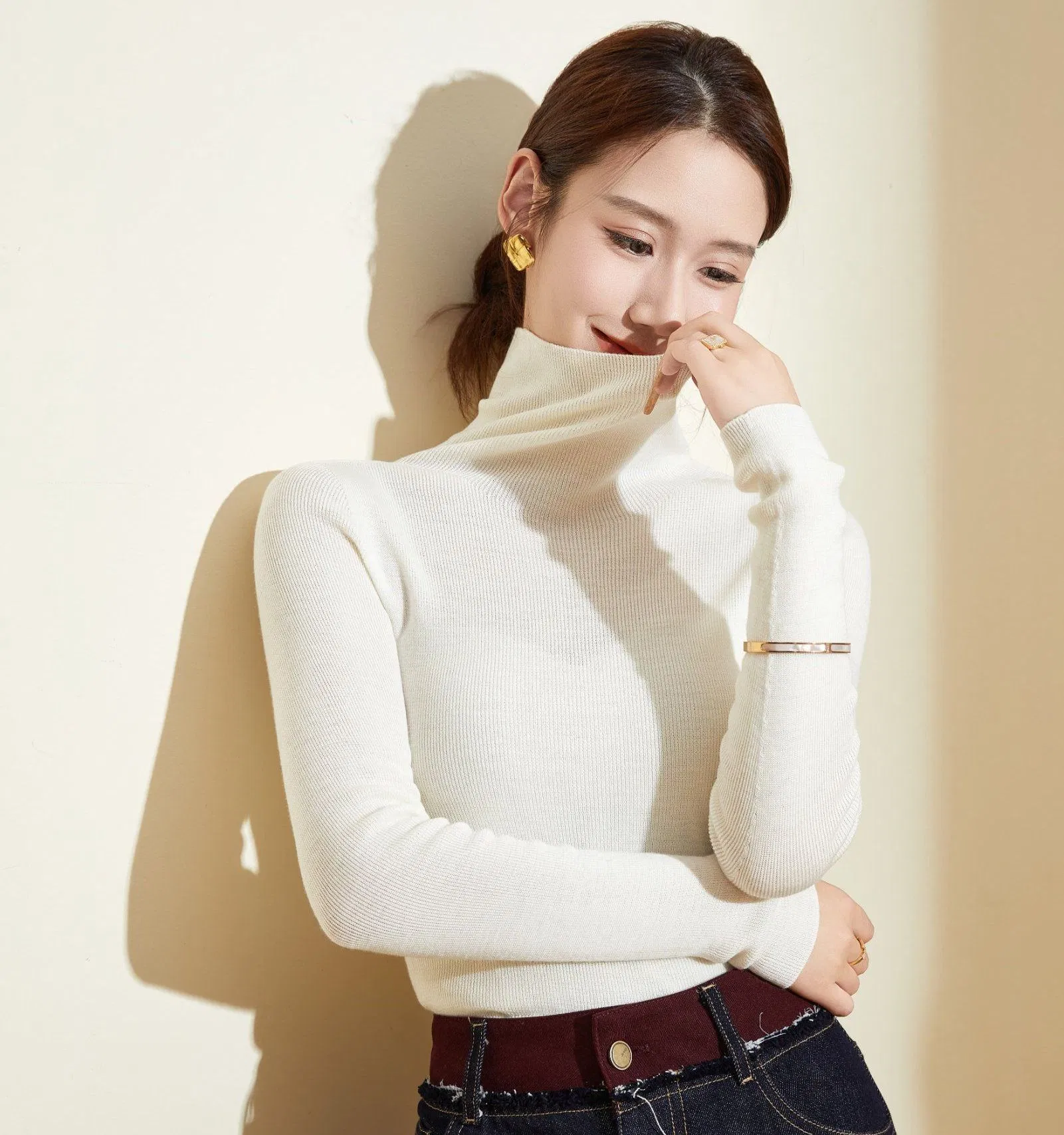 环保100%美利奴羊毛高领妇女&功放;总理;S修身毛衣