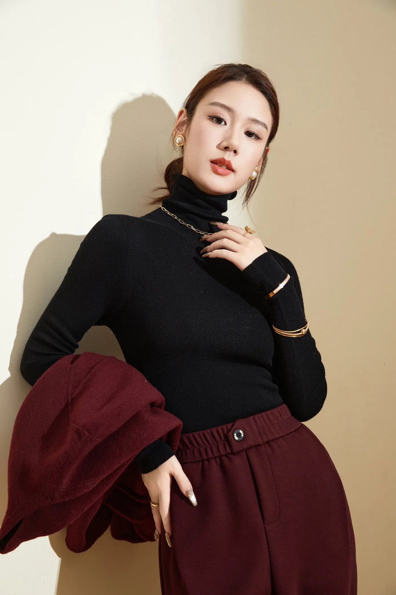 环保100%美利奴羊毛高领妇女&功放;总理;S修身毛衣