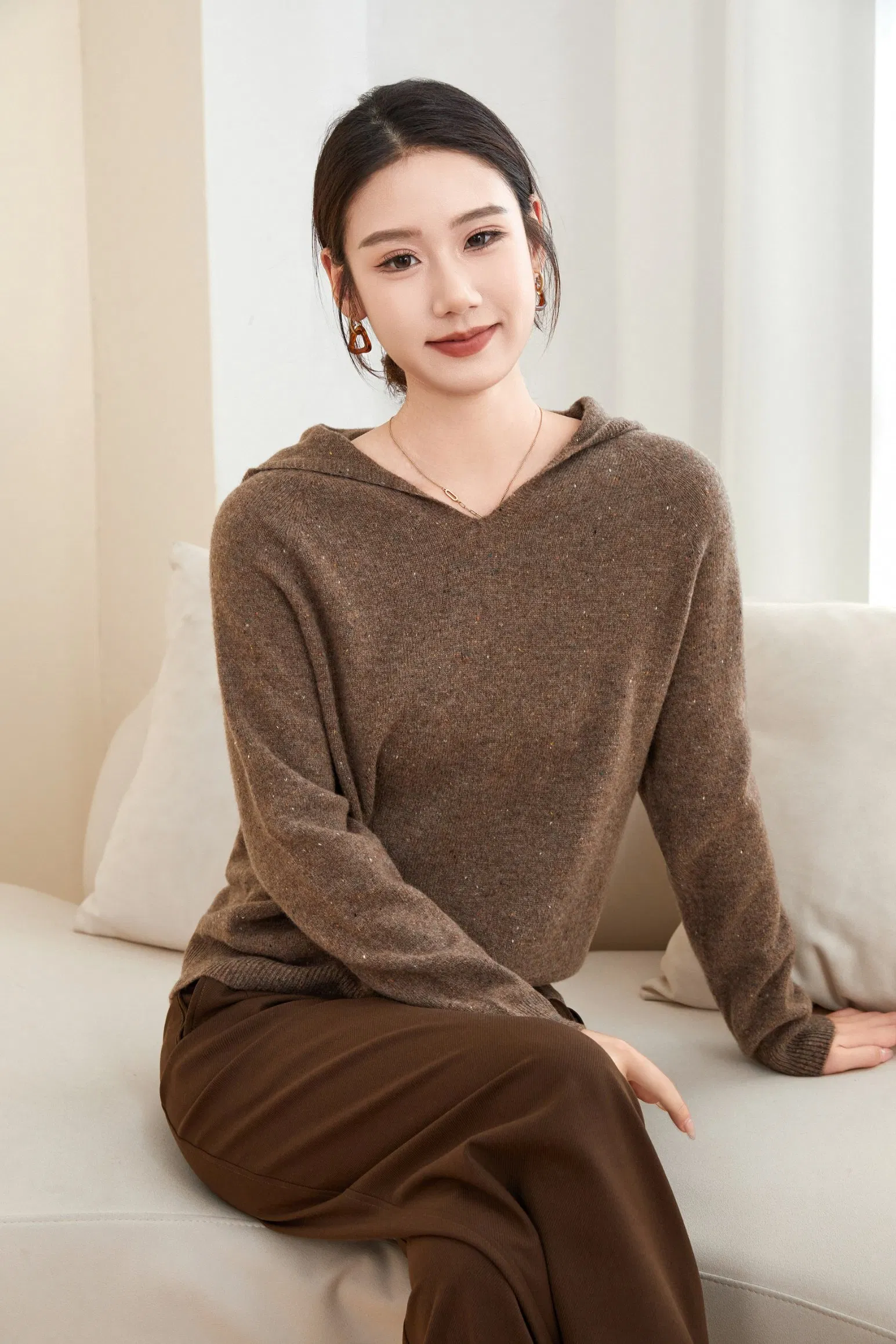 Women&prime;S秋冬纯色100%羊毛连帽休闲套头毛衣