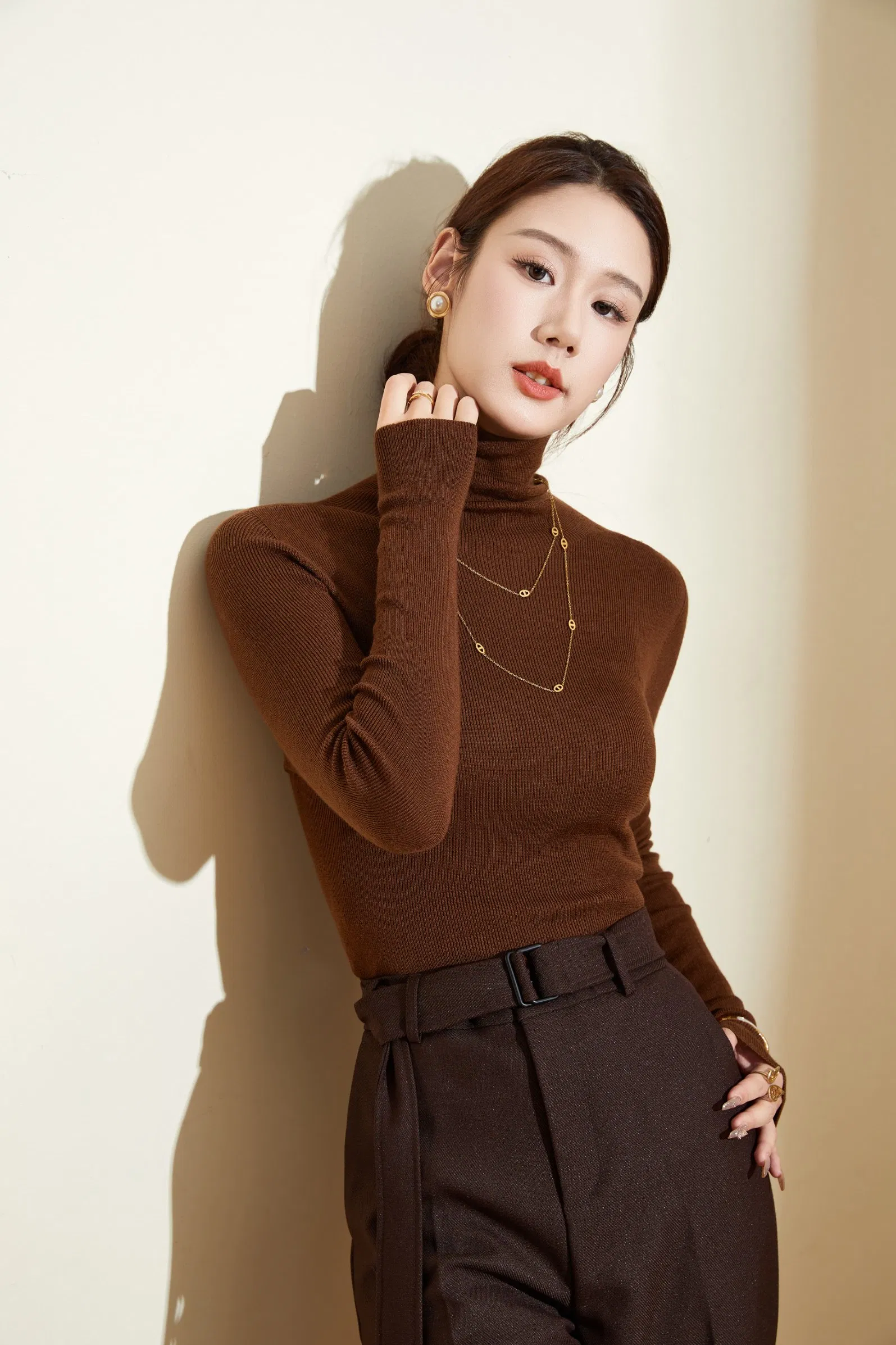 环保100%美利奴羊毛高领妇女&功放;总理;S修身毛衣