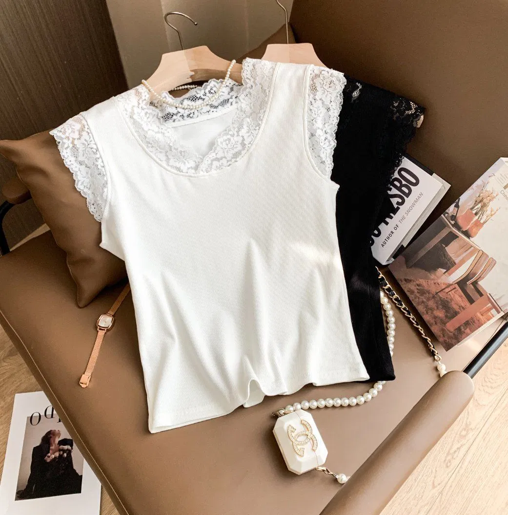 蕾丝无袖针织Cami上衣：女士弹性修身底衬衣