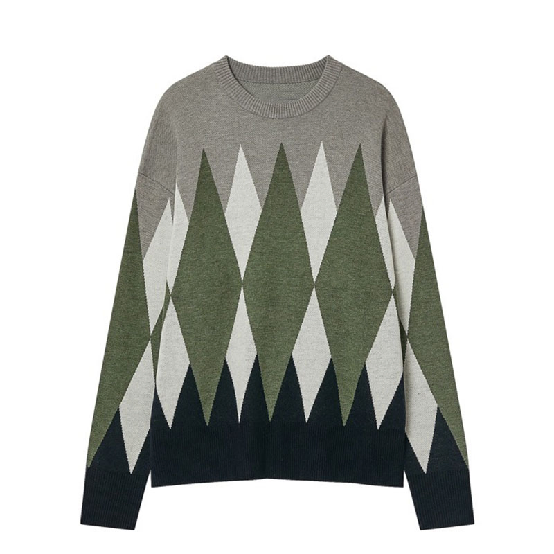 Men&prime;S Crewneck宽松针织套头衫撞色提花设计毛衣