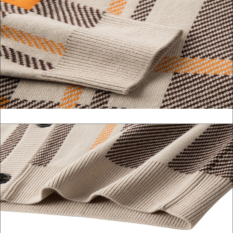 撞色斜纹格纹春季男士针织开衫长袖毛衣