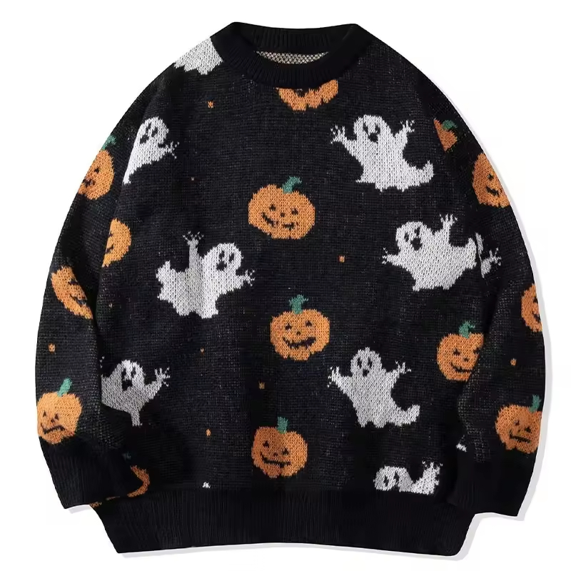 万圣节毛衣宽松休闲矮胖针织与提花Patternhalloween主题毛衣