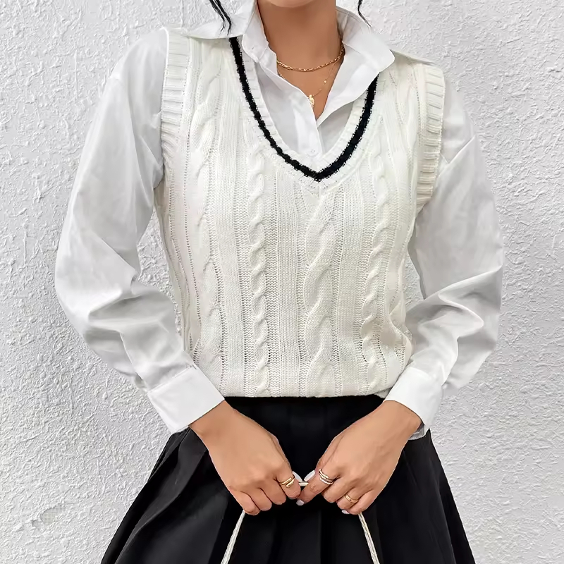 妇女钩针背心顶部V领毛衣背心白色针织套头毛衣