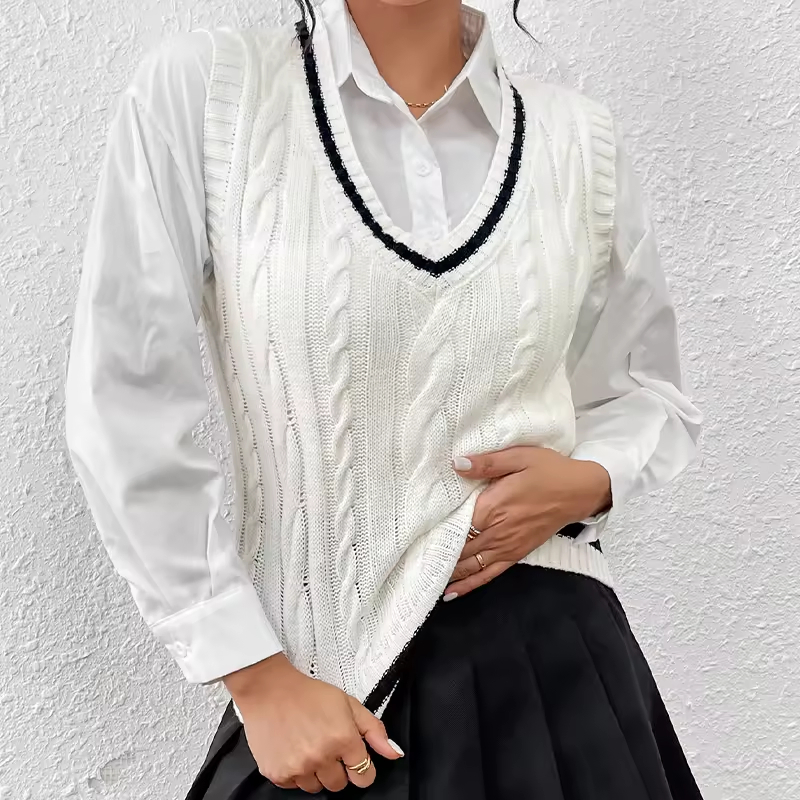妇女钩针背心顶部V领毛衣背心白色针织套头毛衣