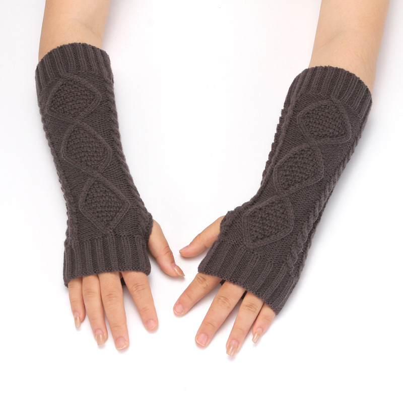 妇女针织半指手套冬季保暖羊毛无指手套长臂暖手钻石图案半指手套