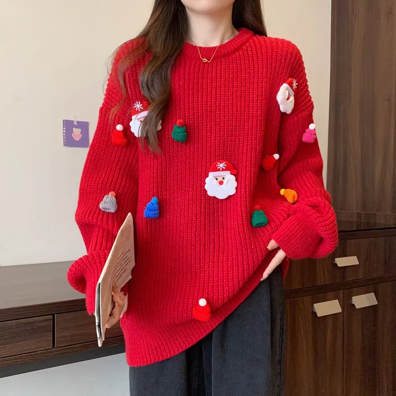 O领套头衫丑陋麋鹿雪花圣诞快乐女士们宽松的衣服针织上衣妇女圣诞毛衣