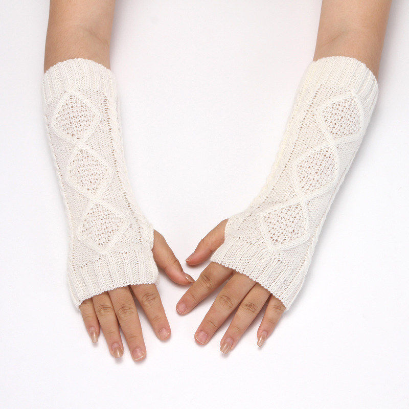 妇女针织半指手套冬季保暖羊毛无指手套长臂暖手钻石图案半指手套