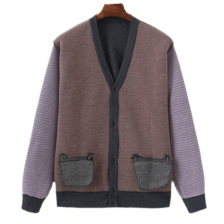 热销纽扣宽松男士长袖针织毛衣V领复古针织品