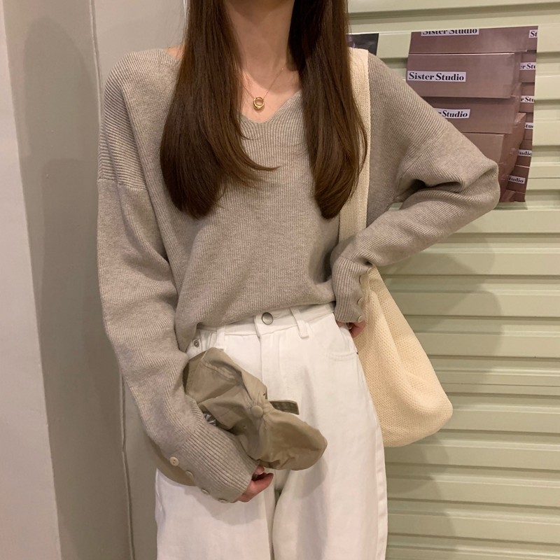 定制纯色毛衣女士长袖V领针织女士套头针织衫