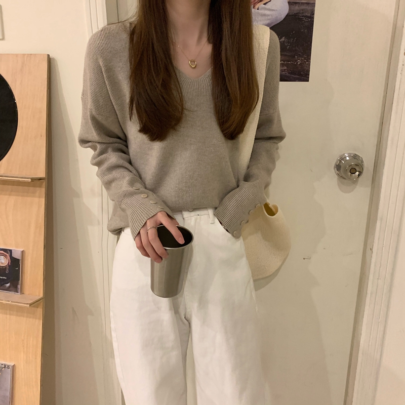 定制纯色毛衣女士长袖V领针织女士套头针织衫