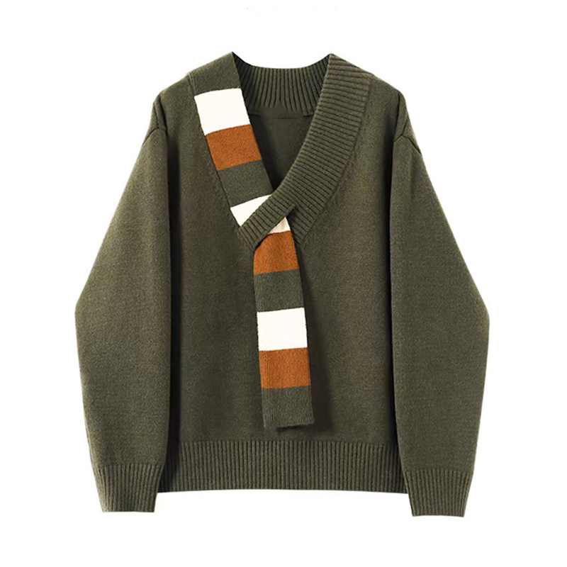 韩式慵懒风V领针织衫秋冬两件式条纹套头针织毛衣