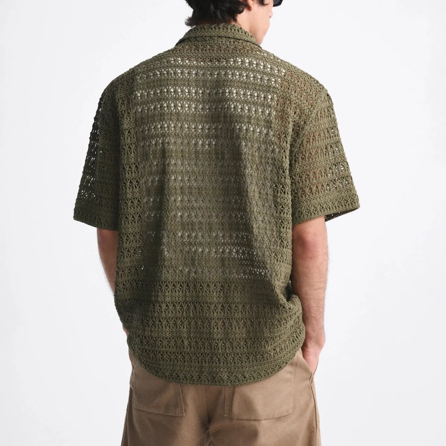 2023男士夏季短袖单排扣镂空钩针针织衬衫毛衣开衫