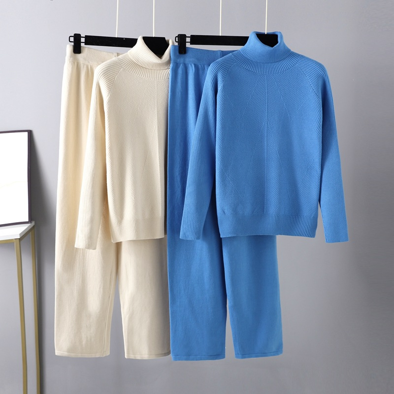 纯色针织品套装秋冬毛衣+系带休闲裤+家居服高领毛衣套装