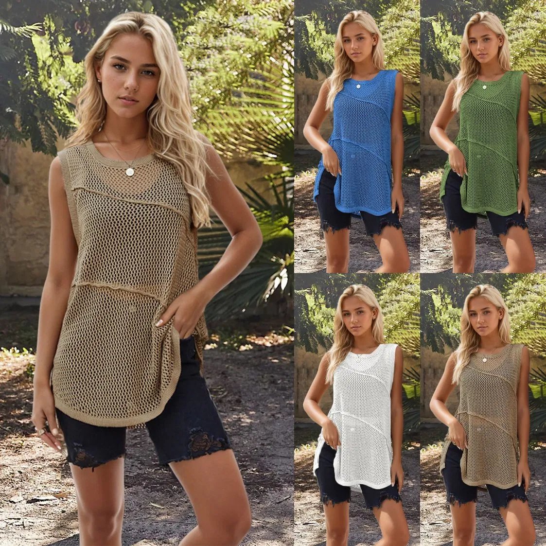 夏季时尚女性&amp;prime;S圆领无袖镂空针织衫休闲性感针织背心