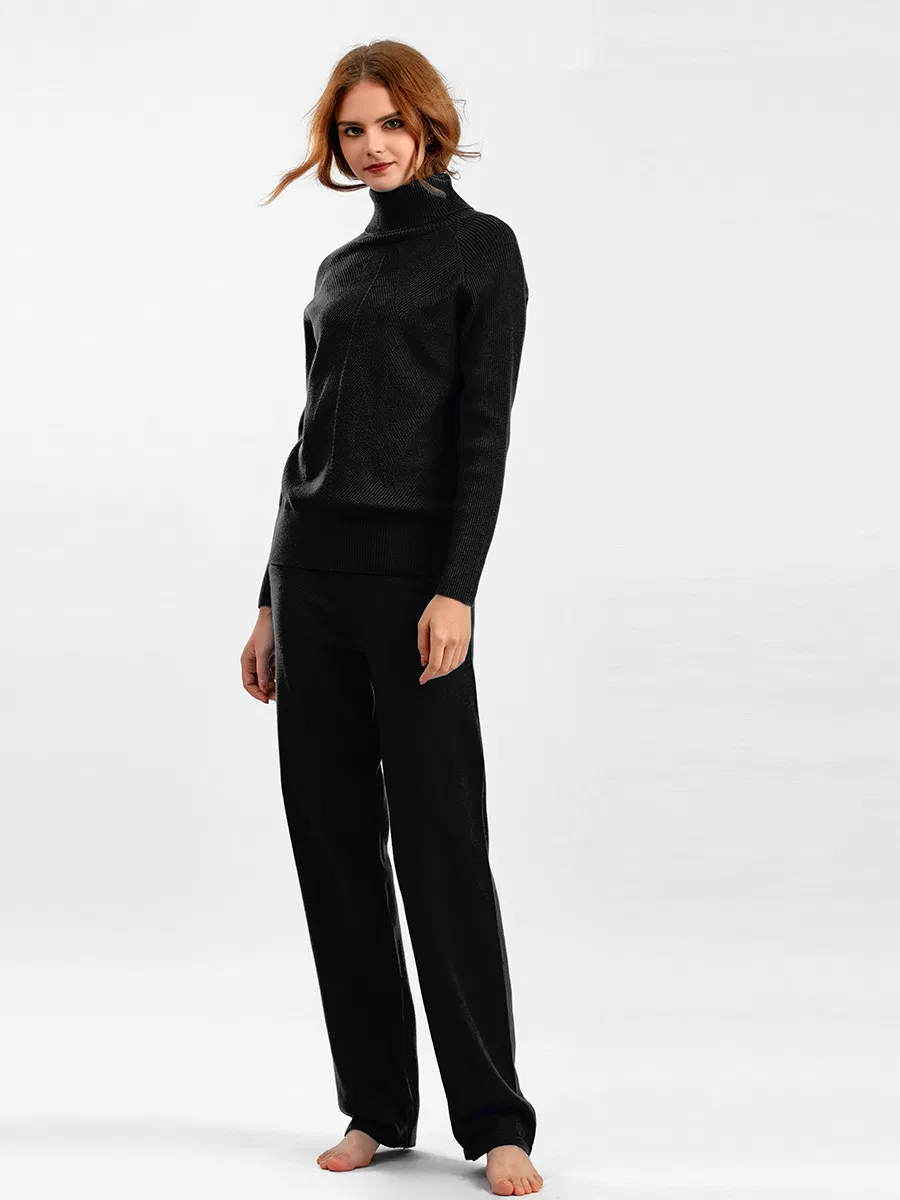 纯色针织品套装秋冬毛衣+系带休闲裤+家居服高领毛衣套装