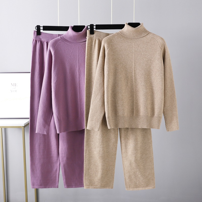 纯色针织品套装秋冬毛衣+系带休闲裤+家居服高领毛衣套装
