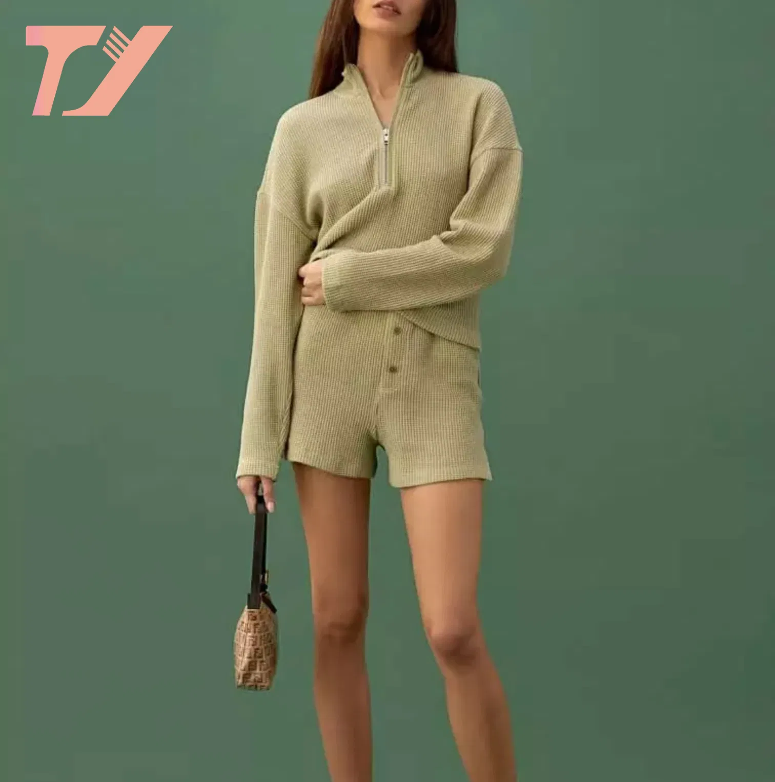 OEM&ODM时尚女性休闲装睡衣Pj套装短裤套装棉华夫针织休闲装舒适拉链膝盖以上2件