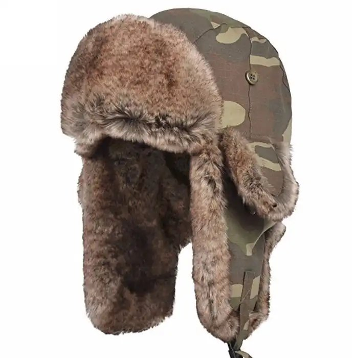 批发俄罗斯帽子定制Ushanka帽子Camo Ushanka与人造毛皮冬季帽飞行员轰炸机帽