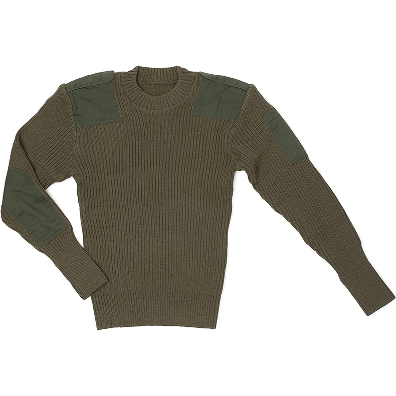 橄榄绿色羊毛套头衫，配肘垫和肩肩章亚克力毛衣