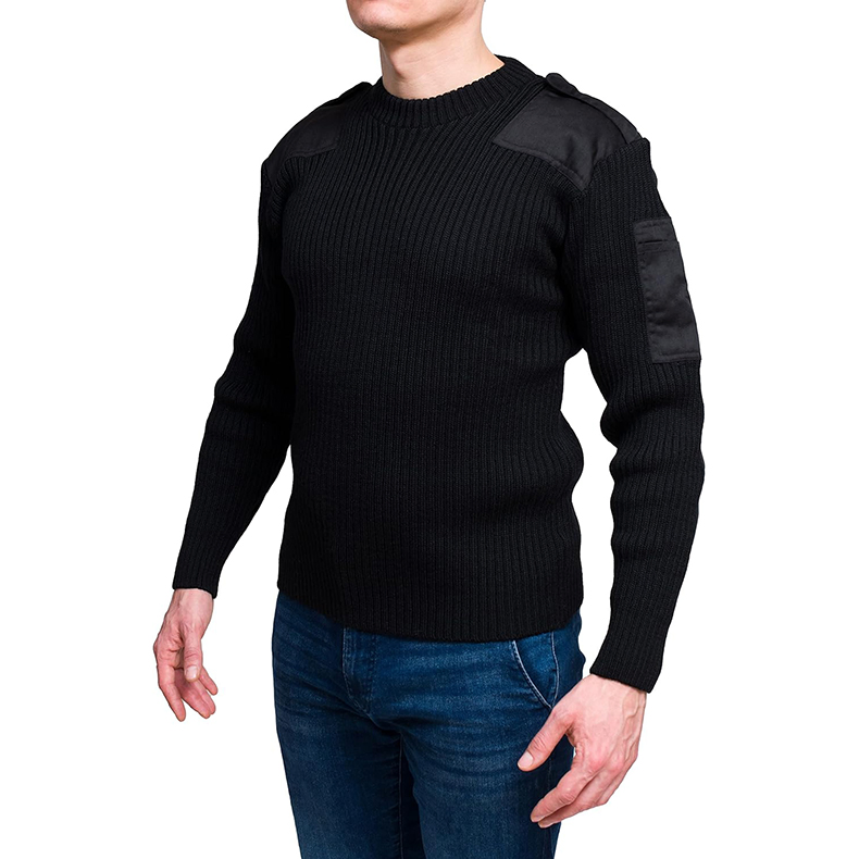 橄榄绿色羊毛套头衫，配肘垫和肩肩章亚克力毛衣