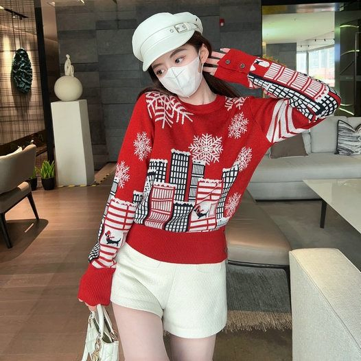 Women&amp;prime;S圣诞运动衫毛衣圆领长袖套头衫新奇雪花树图案针织