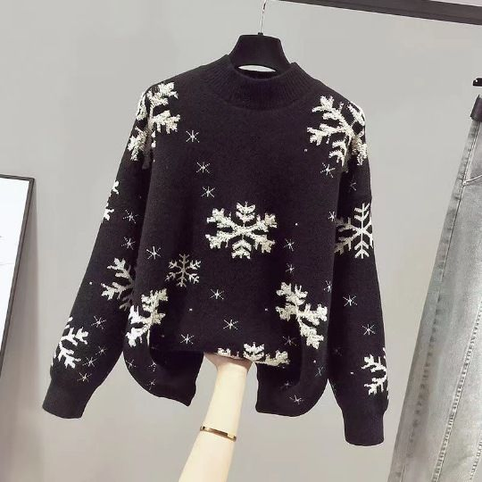 雪花毛巾刺绣半高领长袖妇女&功放;总理;S主题圣诞毛衣