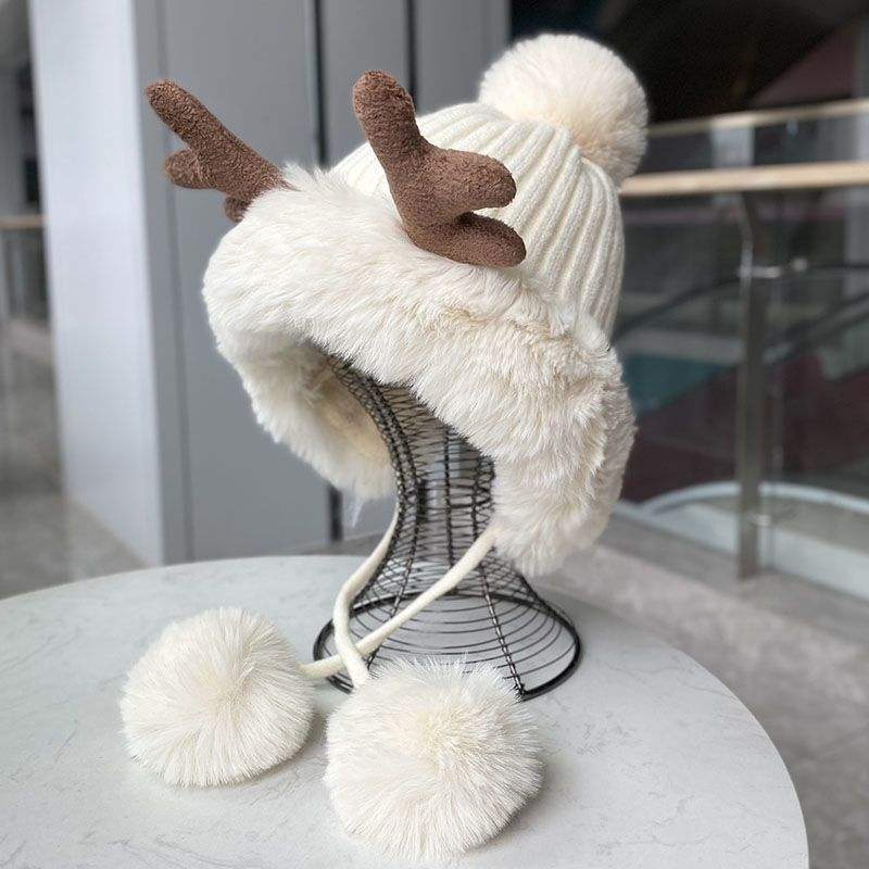 冬季可爱有趣的毛绒针织红色圣诞驯鹿鹿角帽与POM POM