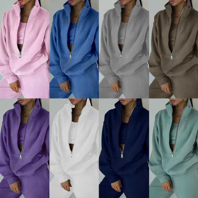 Women&amp;prime;S秋冬服装涤纶两件套拉链毛衣抓绒运动裤休闲套装定制徽标
