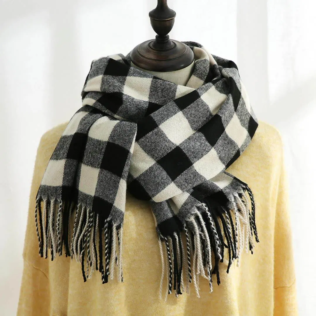 2025新款格子冬季围巾女性人造羊绒围巾配流苏温暖流行围巾