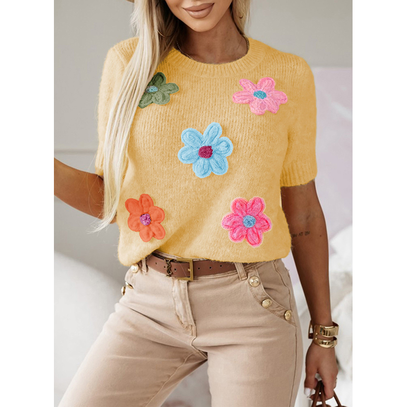 亲爱的情人毛衣制造商可爱的花贴花短袖女士&功放;总理;毛衣