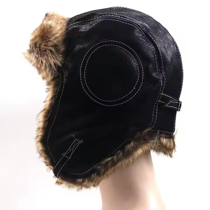 俄罗斯帽PU皮革温暖北极帽滑雪耳朵保护冬季帽