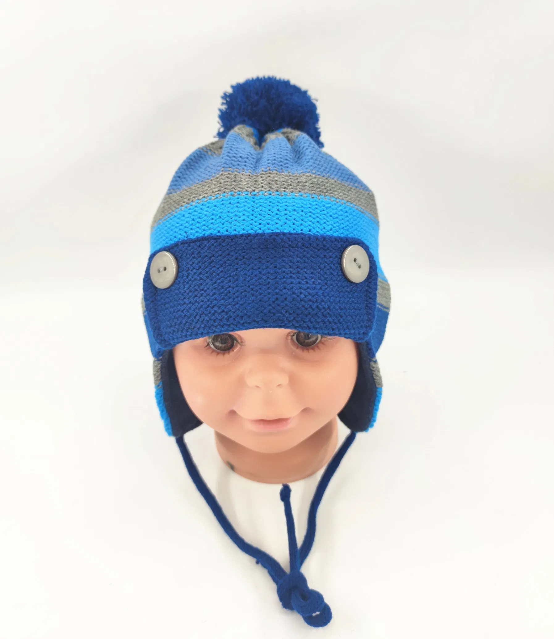 腈纶纱提花针织男孩耳罩帽，翻起帽檐