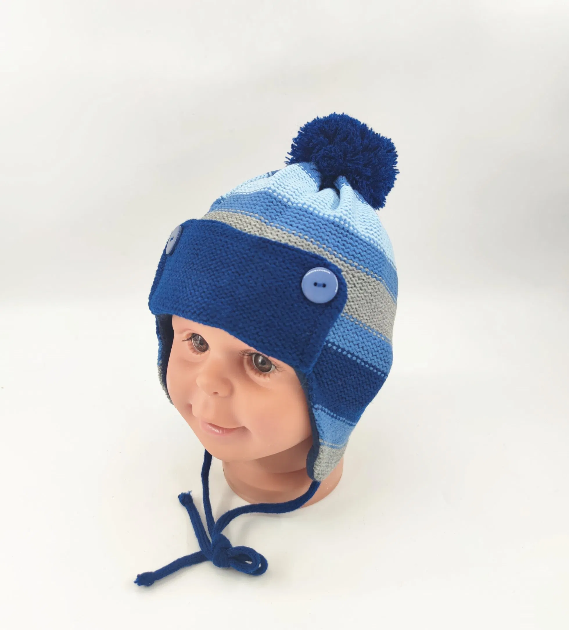 腈纶纱提花针织男孩耳罩帽，翻起帽檐